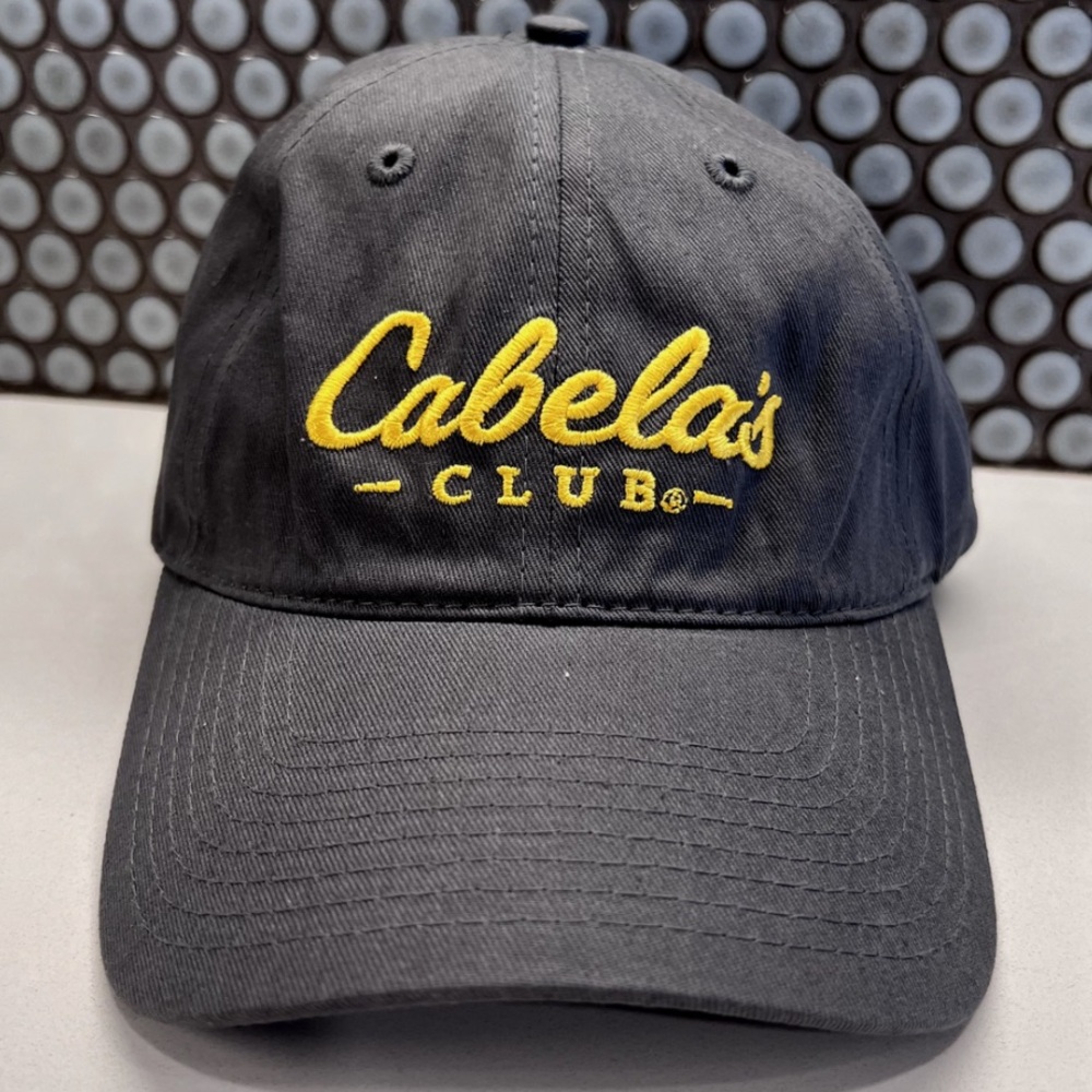 Cabelas Hat Cap Strap Back Gray Adjustable Yellow Spellout Outdoor Fishing Hunt